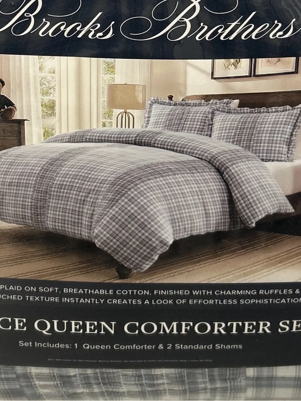 Brooks Brothers Blue, Gray and White Cotton Plaid Queen Comforter Set 90”x90”